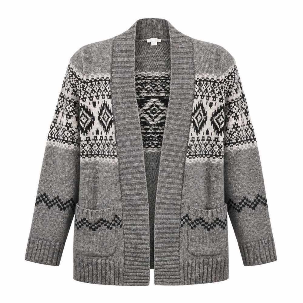 J Jill Cardigan Womens S Gray Fair Isle Wool Blend Long Sweater Nordic Pockets